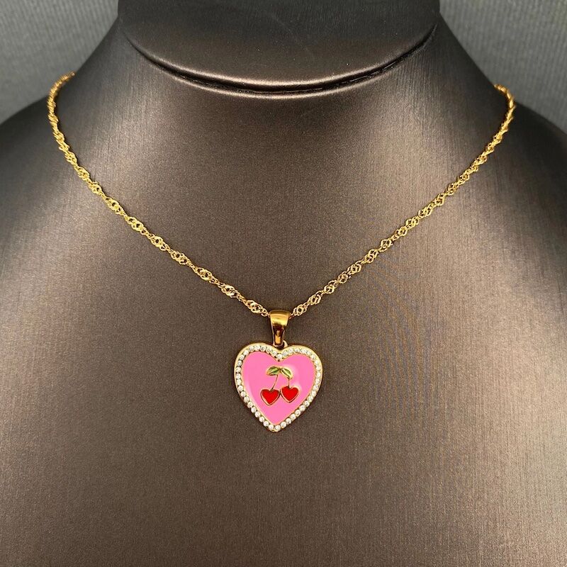 Enamel Cherry Heart Necklace